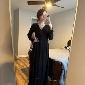 Black V-Neck Bishop Sleeve Gown for Weddings